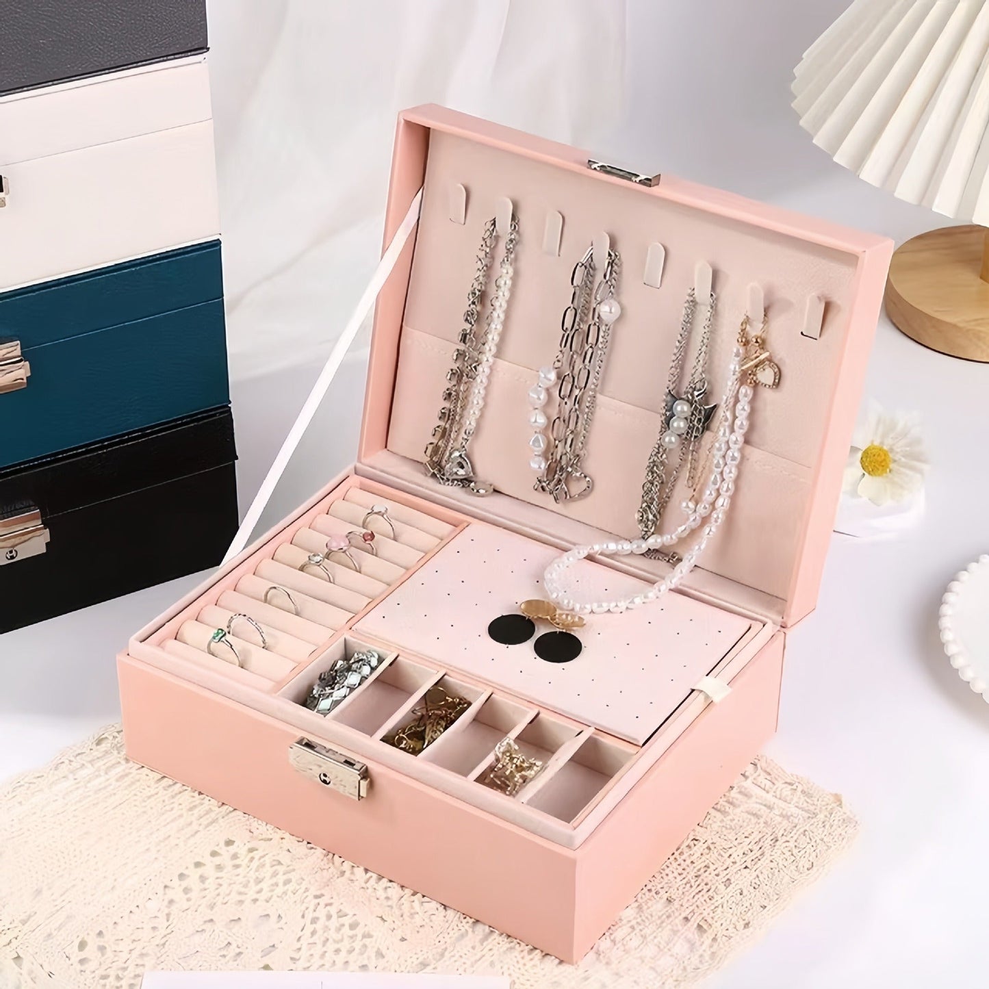Double-Layer Leather Jewelry Storage Box Re